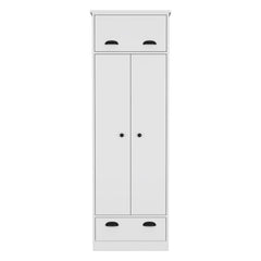 Dresser Closet With Upper Storage Covered With 1 Door, 2 Central Shelves, 1 Tube For Hanging Clothes Covered By 2 Doors, 1 Drawer At The Bottom - White