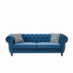Mid Century Chesterfield Velvet Fabric Sofa With Roll Armrest & Nailhead, Blue, 87 Inches