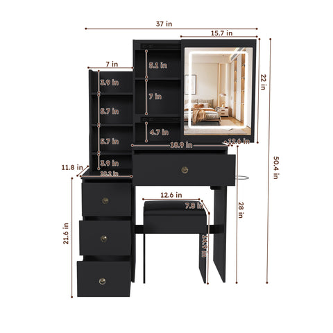 Vanity Desk With 3 LED Lighting Modes, 4 Drawers, Open Shelves, Hair Dryer Holder & Power Socket Dressing Table Set With Chair - Black
