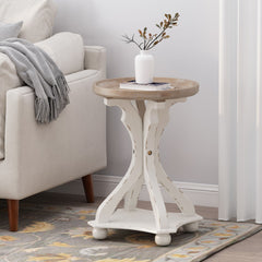 Rustic French Country Accent Table With Hourglass Firwood Base And Lipped Top