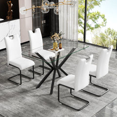 Rectangular Clear Tempered Glass Dining Table, Stylish Design With Plated Metal Legs