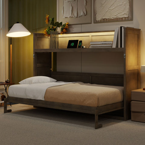 Murphy Bed With Desk, LED Light And USB Charging Station