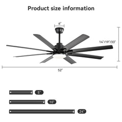 Smart Ceiling Fan With 8 Blades, Voice Remote Control, 6 Wind Speeds, Reversible DC Motor, 3 Color Lighting - Black