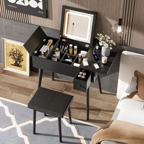 Makeup Vanity Desk With Flip Top Mirror And LED Light, Dressing Table With Charging Station, 2 Drawers And Fold Up Panel, Vanity Set With Cushioned Stool For Bedroom - Black