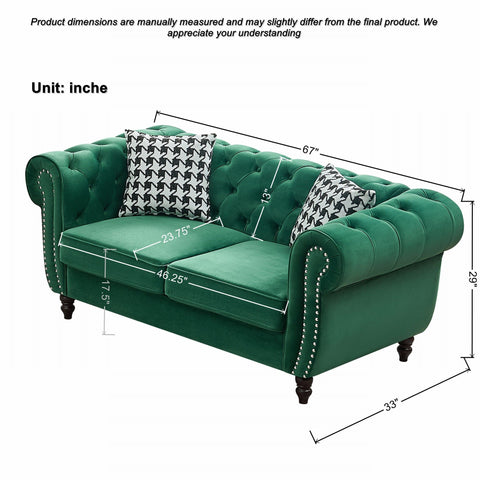 Chesterfield Velvet Fabric Sofa With Roll Armrest And Nailhead, Mid Century 2 Seater Couch