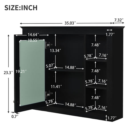 Wall-Mounted Medicine Cabinet With Mirror, 6 Open Shelves And Adjustable Interior - Black