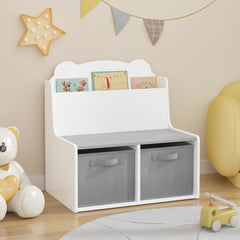 Bookshelf With Storage Bins, Bookcase With Book Display Shelf And 2 Bins, Cute Bear Shaped Backboard, Toy Organizer - White