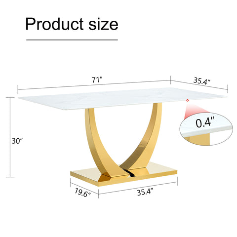 Modern Simple Rectangular Dining Table With Patterned Top And Smooth Legs For Kitchen Dining Room Or Living Room - Golden / White