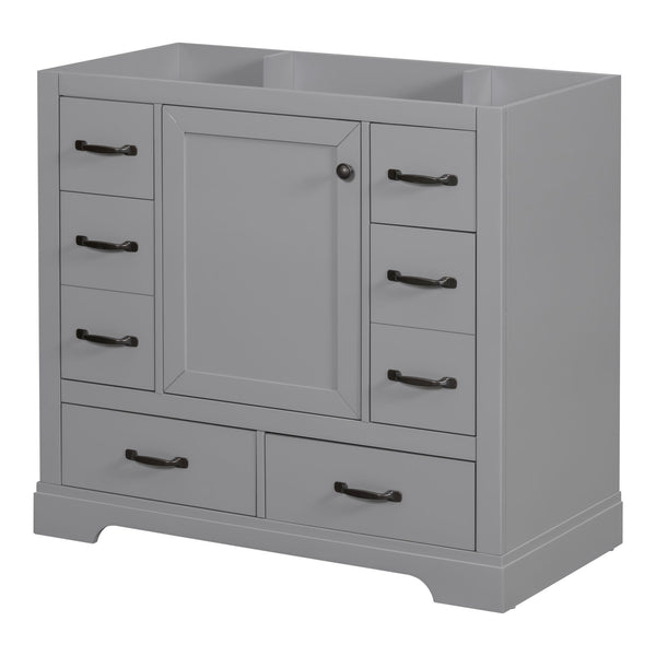 36" Bathroom Vanity Without Sink, Cabinet Base Only, 6 Drawers, Multi Functional Drawer Divider, Adjustable Shelf - Grey