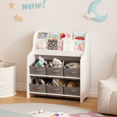 Bookshelf With 6 Storage Bins, Multi Functional Children's Bookcase And Toy Organizer - White