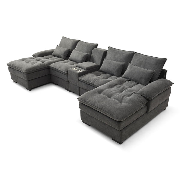 U Shaped Sofa With Console And Cupholders, 6 Seat