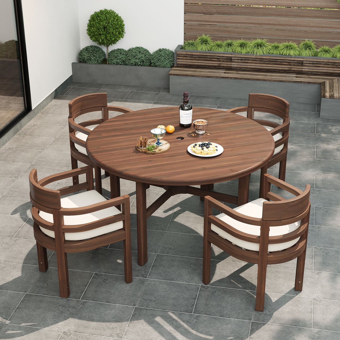 5 Piece Round Patio Table & Cushioned Armrest Chairs, Outdoor Dining Set With Umbrella Hole