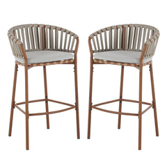 Lodi - Outdoor Matal Rope Barstool, Teak / Beige (Set of 2) - Teak / Beige