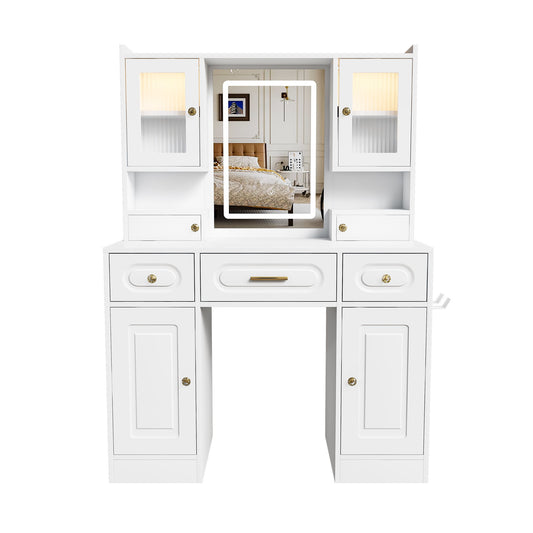 Large Vanity Table Set With Mirror, 6 Drawers & Shelves, Power Socket, Hair Dryer Holder, Cabinet Light, Dressing Desk - White