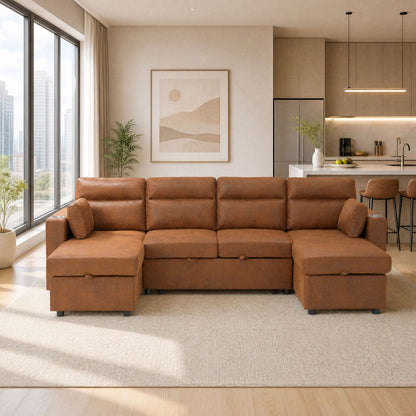 Convertible Sectional Sofa With Storage Chaise, Cup Holders And Pull Out Sleeper
