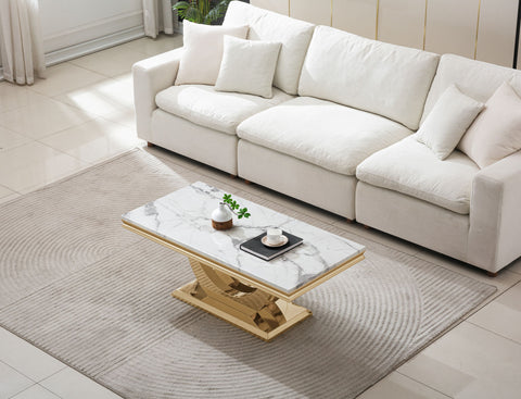 Printed Marble Top Coffee Table, Mirror Finish Stainless Steel Base