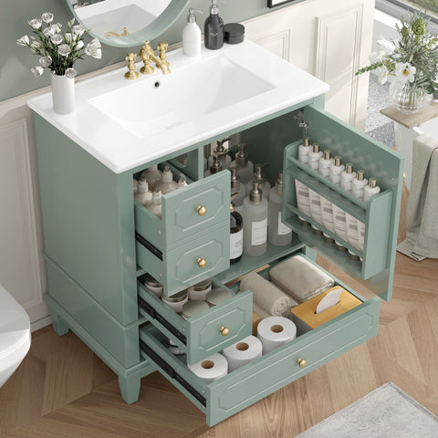 Bathroom Vanity With Sink, Freestanding Vanity Cabinet With Ceramic Basin, Soft Close Door, 3 Drawers