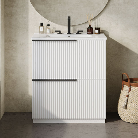 Fluted Bathroom Vanity With Ceramic Sink, Freestanding Cabinet