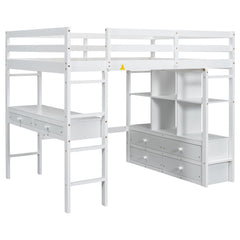 Full Size Loft Bed With Built In Desk, 2 Drawers, Storage Shelves - White