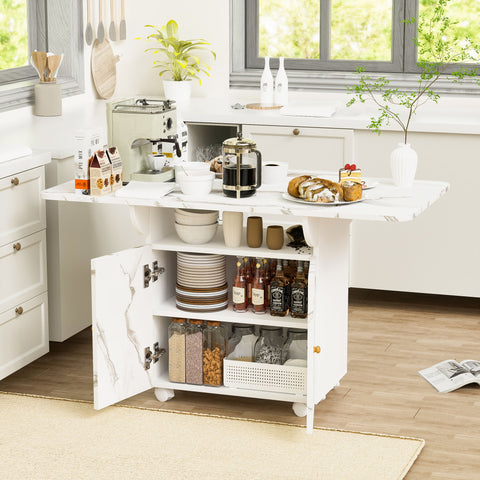 Versatile Marble Folding Dining Table With Storage Rack And Cabinet, 6 Wheels - White