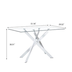 Rectangular Clear Tempered Glass Dining Table, Stylish Design With Metal Legs