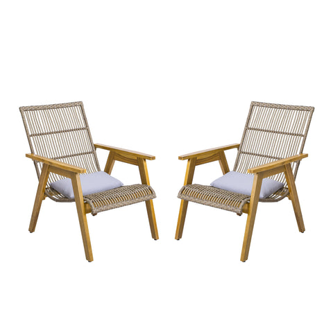 Acacia Wood Cape Woven Wicker Large Lounge Chair With Pillow For Patio, Deck, Yard, Lawn And Garden Seating Wicker (Set of 2) - Teak
