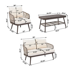 4 Piece Outdoor Patio Furniture Set, Metal Chairs With Woven Rope U Shaped Backrest