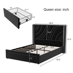 Modern Upholstered LED Bed Frame With Storage Drawers, Wingback Headboard, RGB Light