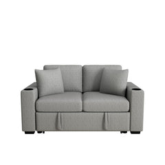 Modern 2 Seater Loveseat Sofa With Pull-Out Bed, Chenille Fabric, Built-In USB Ports & Cup Holders