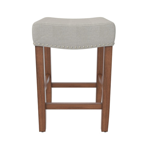 Upholstered Counter Height Bar Stool With Brass Nailhead Trim - Beige / Brown