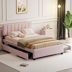 Upholstered Platform Bed With 2 Drawers And 1 Trundle, Classic Strip Headboard Design