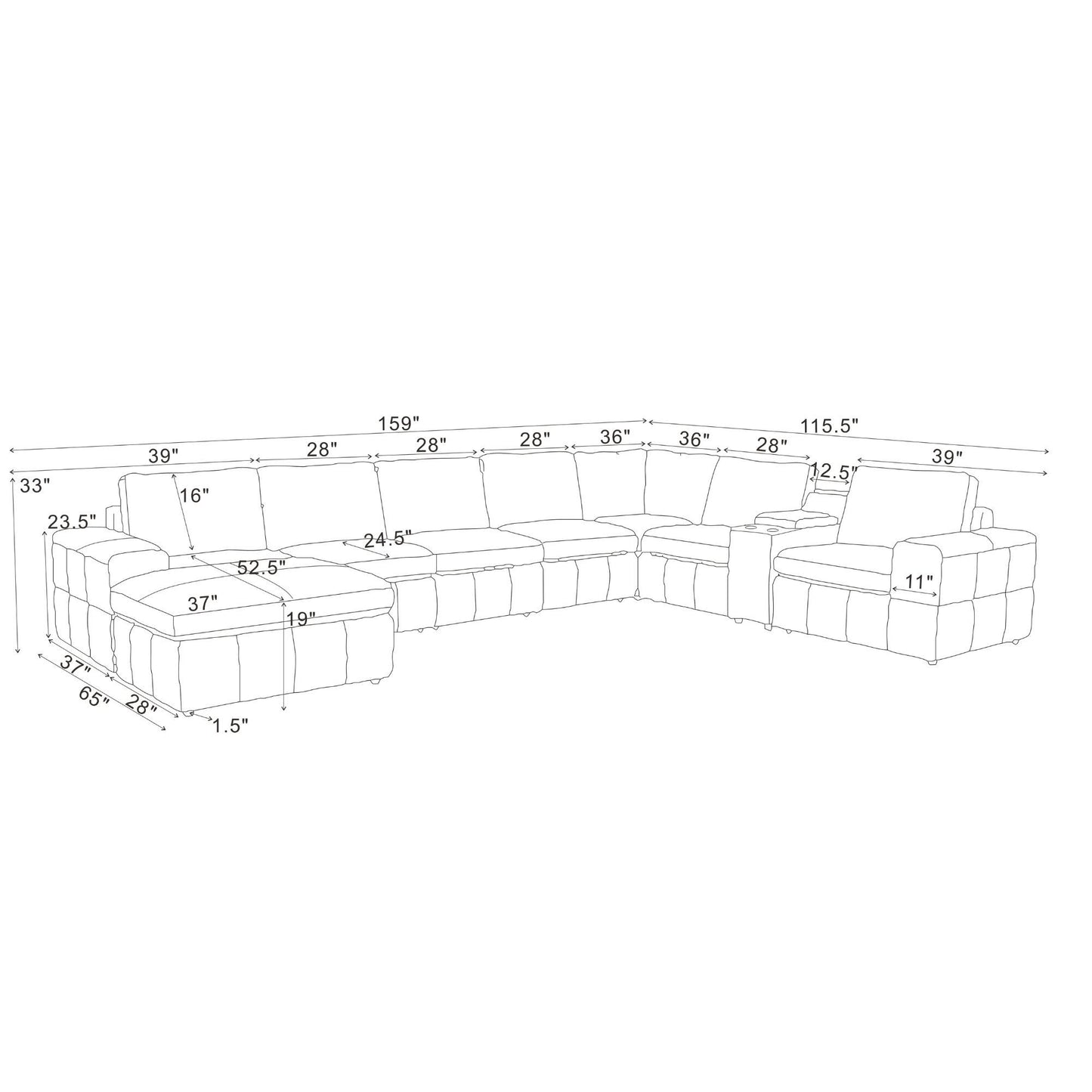 Modular Sectional With Large Square Arms, Custom Configuration