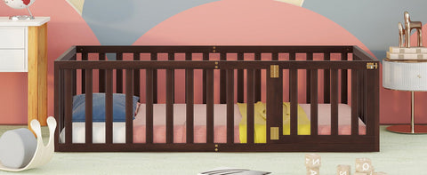 Twin Size Floor Bed Frame With Fence And Door - Walnut