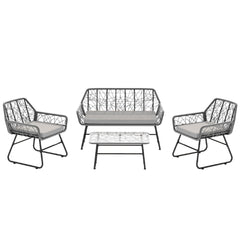 4 Piece Wicker Patio Furniture Set With Tempered Glass Table And Detachable Cushions