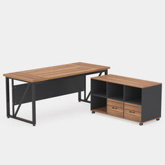 L-Shaped Executive Desk With Mobile File Cabinet, Large Home Office Workstation With Drawers And Shelves - Brown / Black
