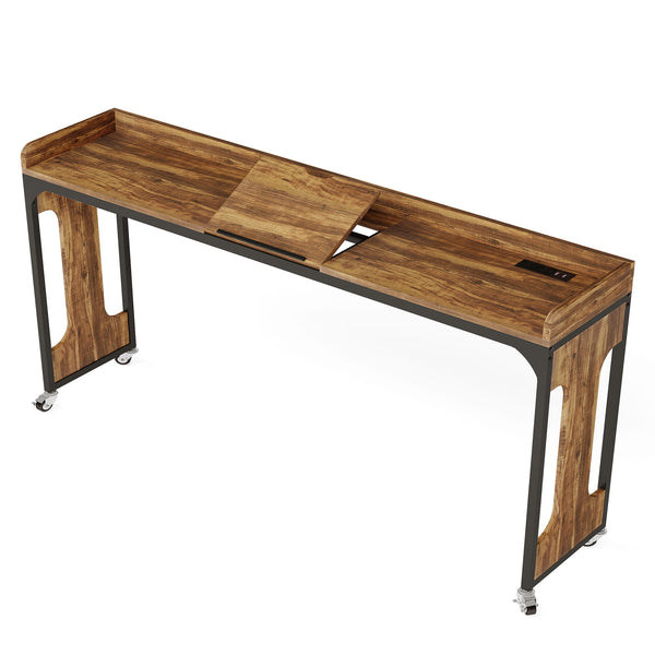 Height Adjustable Overbed Table With Wheels, Queen Size Mobile Laptop Desk, Rolling Computer Cart With Tiltable Stand And Built In Outlets & USB Ports - Rustic Brown