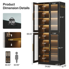 Bookcase With Doors And LED Lighting, 8 Adjustable Shelves Storage Cabinet