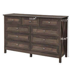 Rustic Storage Dresser With 9 Drawers And Silver Handle