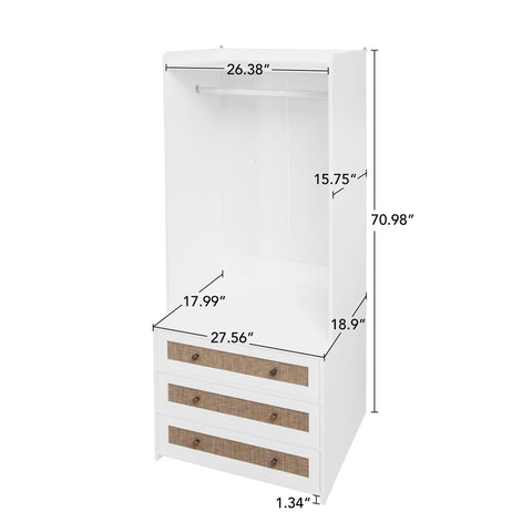 Wardrobe With 3 Drawers High Wardrobe Armoire With Rattan For Living Room Organizer - White