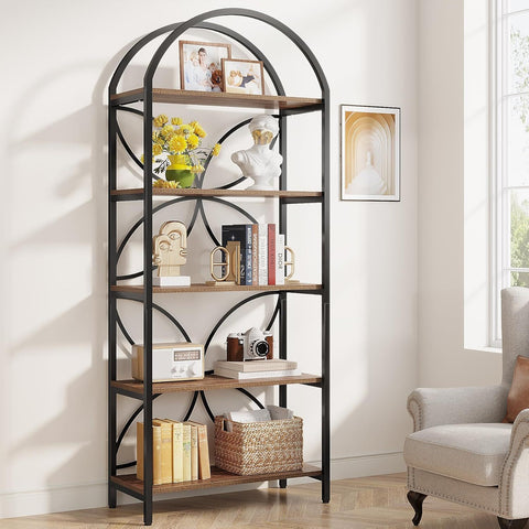 Tall 5 Tier Arched Bookshelf With Shelves For Living Room - Rustic Brown