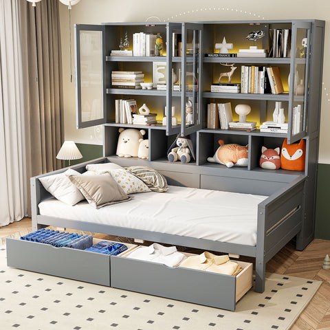 Daybed With Glass Door Storage Cabinets, Built In LED Lighting And Shelves