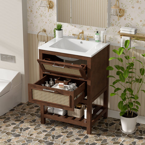Modern Bathroom Vanity With Integrated Sink, Cabinet With 1 Deep Drawer And 1 Tip-Out Drawer