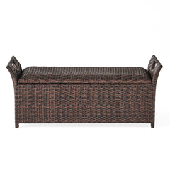 Outdoor Rattan Bench With Flair Arm And Storage - Brown