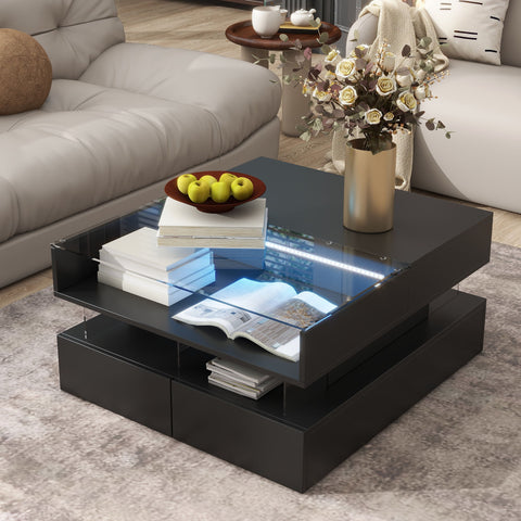 Lift Top Coffee Table With 2 Drawers, Hidden Space And LED Lights For Living Room