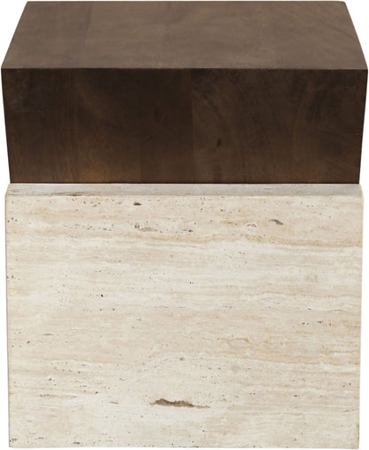Opus - Travertine And Mango Wood End Table - Brown / Beige
