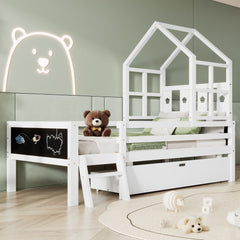 House Bed With Ladder And Storage Drawers Platform With Blackboard, No Box Spring