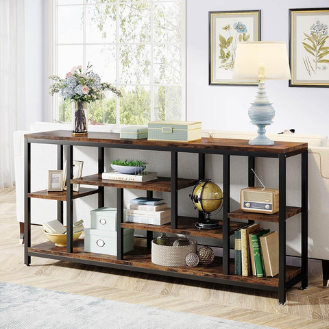 Tribesigns - Extra Long Console Table, 3 Tier With Storage Shelves - Rustic Brown