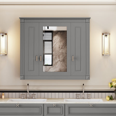 Wall Mounted Bathroom Cabinet With Mirror And 4 Shelves, Rectangular Design - Gray