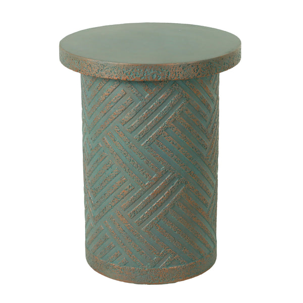 Round Outdoor End Table With Tree Stump Design For Patio - Golden / Green / Peacock