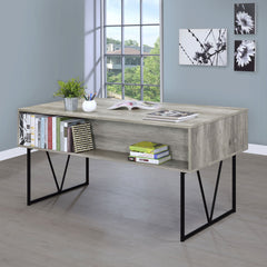 Rustic Industrial Charm Writing Desk With 4 Drawers And Open Shelf